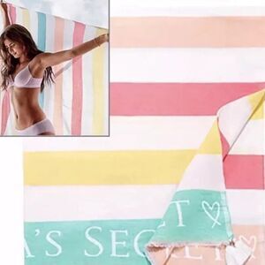 NWT Victoria's Secret Pink, Coral, Mint & Yellow Striped Blanket